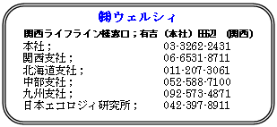 （株）ウェルシィ　関西ライフライン様窓口；有吉（本社）田辺　(関西)　本社；03-3262-2431関西支社；06-6531-8711、北海道支社；011-207-3061、中部支社；052-588-7100、九州支社；092-573-4871、日本エコロジィ研究所；042-397-8911